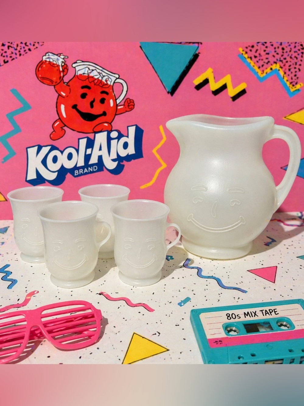 RARE VTG Kool-Aid Pitcher 4 Cup Frosted Smiley Face 80s Nostalgia Set Millennial